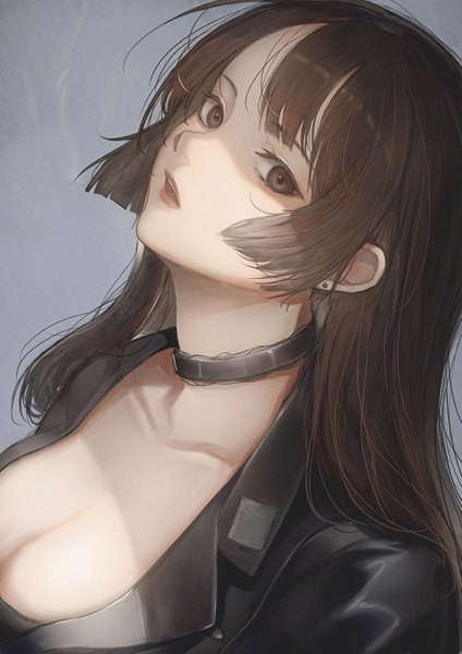 Anime picture 2026x2865 with original marumoru single long hair tall image looking at viewer fringe highres breasts open mouth light erotic simple background brown hair large breasts brown eyes payot cleavage upper body blunt bangs head tilt