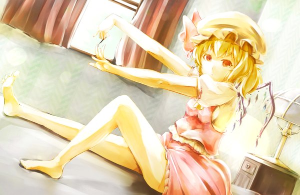 Anime picture 1800x1173 with touhou flandre scarlet gedou (shigure seishin) single looking at viewer highres short hair blonde hair red eyes sitting ponytail nail polish barefoot side ponytail girl skirt bow wings window bonnet