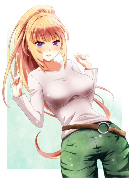 Anime picture 873x1200 with mobile suit gundam gundam tekketsu no orphans sunrise (studio) kudelia aina bernstein kiko (weavehabit) single long hair tall image looking at viewer blush fringe breasts simple background blonde hair smile large breasts purple eyes ponytail girl clothes