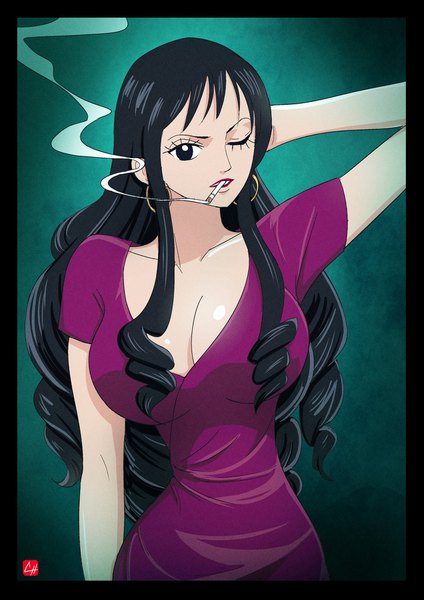 Anime picture 1448x2048 with one piece toei animation baby 5 chris re5 single long hair tall image looking at viewer fringe breasts black hair simple background large breasts standing signed cleavage one eye closed lips wink black eyes