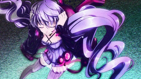 Anime picture 1600x900 with vocaloid yuzuki yukari gino0808 single long hair fringe wide image twintails purple hair eyes closed low twintails girl thighhighs dress jacket headphones microphone