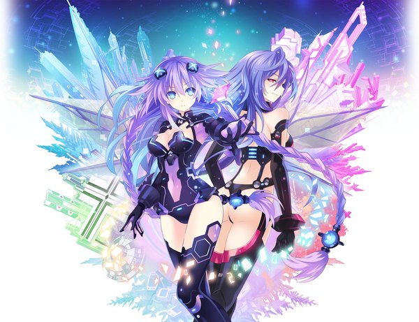 Anime picture 4000x3074 with choujigen game neptune neptune (choujigen game neptune) purple heart iris heart pururut tsunako long hair looking at viewer fringe highres breasts light erotic smile hair between eyes large breasts standing purple eyes multiple girls payot absurdres