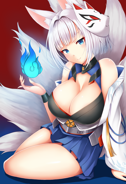 Anime picture 800x1163 with azur lane kaga (azur lane) zukky single tall image looking at viewer blush fringe short hair breasts blue eyes light erotic simple background smile large breasts sitting bare shoulders animal ears cleavage silver hair