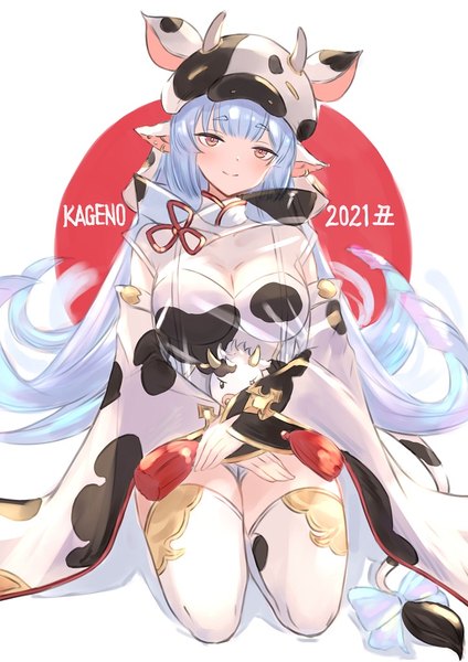 Anime picture 724x1024 with granblue fantasy catura (granblue fantasy) kageno 96 single tall image breasts light erotic smile large breasts sitting blue hair cleavage full body very long hair orange eyes crossed arms new year animal print seiza 2021