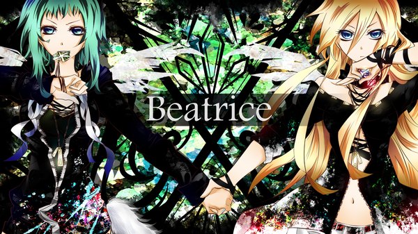 Anime picture 2000x1125 with vocaloid gumi lily (vocaloid) tyouya long hair highres short hair blue eyes blonde hair wide image multiple girls green hair holding hands girl ribbon (ribbons) 2 girls