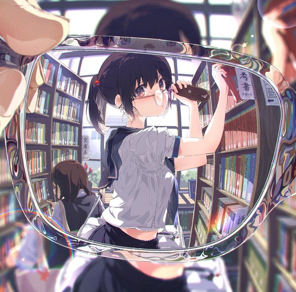 Anime picture 4096x4043 with original ogipote looking at viewer blush highres short hair black hair brown hair multiple girls brown eyes payot absurdres ponytail parted lips blurry short sleeves midriff lens flare reflection solo focus
