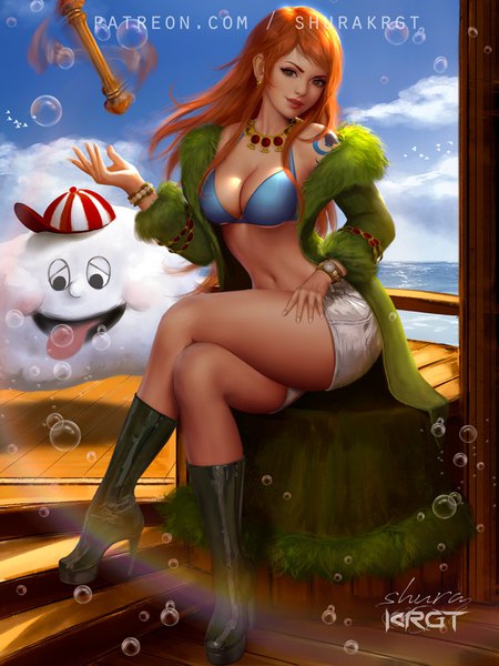 Anime-Bild 600x800 mit one piece toei animation nami (one piece) zeus (one piece) shurakrgt single long hair tall image looking at viewer blush fringe breasts light erotic smile large breasts sitting bare shoulders brown eyes signed payot