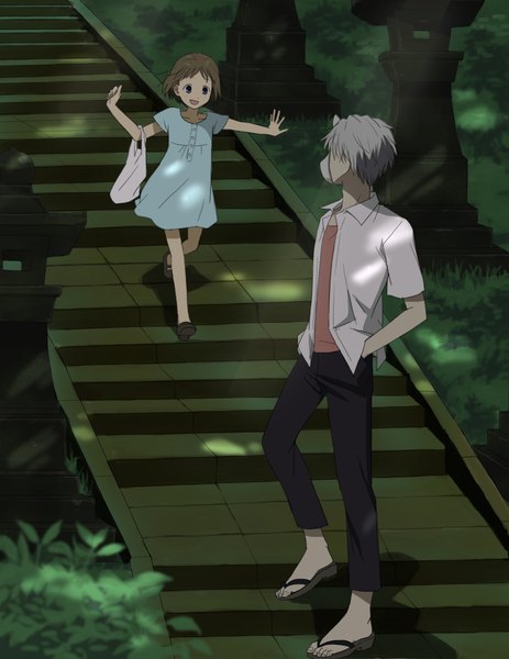 Anime picture 873x1132 with hotarubi no mori e gin (hotarubi no mori e) takegawa hotaru kanimayo tall image short hair open mouth blue eyes smile brown hair standing full body outdoors white hair :d shadow short sleeves open shirt spread arms hand in pocket