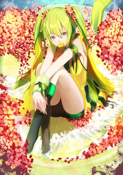 Anime picture 2480x3507 with vocaloid hatsune miku xiao nuo single long hair tall image fringe highres blonde hair hair between eyes sitting twintails holding green eyes looking away bent knee (knees) head tilt green hair crossed legs mouth hold