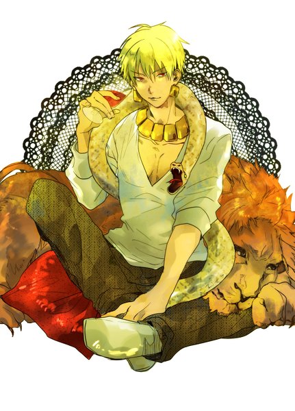 Anime picture 1134x1577 with fate (series) fate/stay night studio deen type-moon gilgamesh (fate) azuazuazu single tall image short hair blonde hair red eyes boy earrings animal pants jewelry glass wine glass snake lion