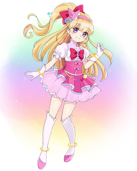 Anime picture 2000x2500 with precure mahou girls precure! toei animation asahina mirai cure miracle murasaki58 (pixiv id 625943) single long hair tall image looking at viewer blush fringe highres blonde hair smile purple eyes full body puffy sleeves floating hair side ponytail