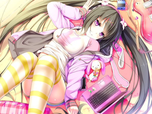 Anime picture 1200x900 with original peragura single long hair looking at viewer blush black hair smile purple eyes twintails lying open jacket on back legs up animal hood girl thighhighs jacket shorts headphones
