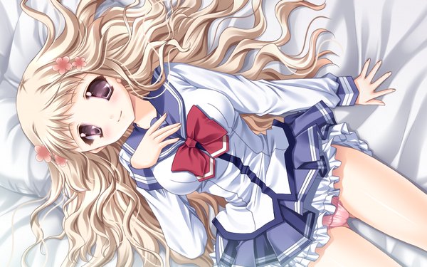 Anime picture 1024x640 with hatsukoi yohou (game) long hair light erotic blonde hair wide image game cg grey eyes pantyshot girl serafuku