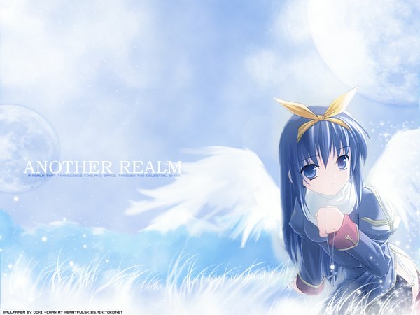 Anime picture 1024x768 with ragnarok online priest (ragnarok online) single long hair looking at viewer fringe blue eyes hair between eyes sitting payot blue hair sky long sleeves arm up inscription light angel wings angel sitting on lap girl