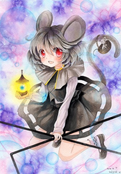 Anime picture 1049x1500 with touhou nazrin mosho single tall image looking at viewer blush short hair open mouth red eyes signed animal ears tail animal tail grey hair jumping traditional media watercolor (medium) mouse ears mouse tail