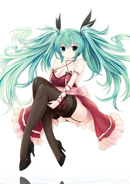 Anime picture 744x1053 with vocaloid hatsune miku zheyi parker single tall image looking at viewer blush light erotic simple background white background twintails bare shoulders very long hair aqua eyes aqua hair pantyshot legs pantyshot sitting girl thighhighs