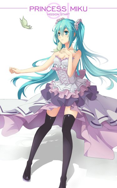 Anime picture 1061x1702 with vocaloid hatsune miku ello-chan single tall image blush twintails bare shoulders looking away cleavage aqua eyes aqua hair character names hand on chest girl thighhighs dress black thighhighs insect butterfly