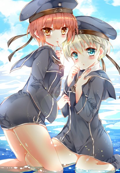 Anime picture 800x1157 with kantai collection z3 destroyer (max schultz) z1 destroyer (leberecht maass) bariko tall image looking at viewer short hair blue eyes light erotic blonde hair brown hair sitting multiple girls brown eyes sky cloud (clouds) girl uniform ribbon (ribbons) 2 girls
