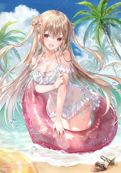 Anime picture 2096x3002 with original miwabe sakura single long hair tall image looking at viewer fringe highres breasts open mouth light erotic blonde hair smile hair between eyes red eyes large breasts sky cloud (clouds) outdoors :d
