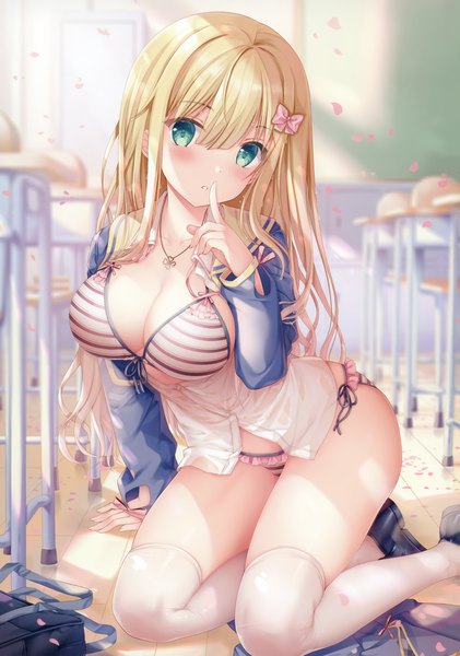 Anime picture 2831x4037 with original inagaki minami sousouman single long hair tall image looking at viewer blush fringe highres breasts light erotic blonde hair hair between eyes large breasts sitting indoors parted lips head tilt aqua eyes