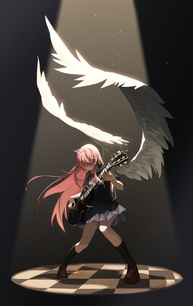 Anime picture 2239x3550 with bocchi the rock! cloverworks gotou hitori dododo single long hair tall image highres pink hair full body one side up checkered floor floor white wings hair over eyes playing instrument girl wings socks black socks