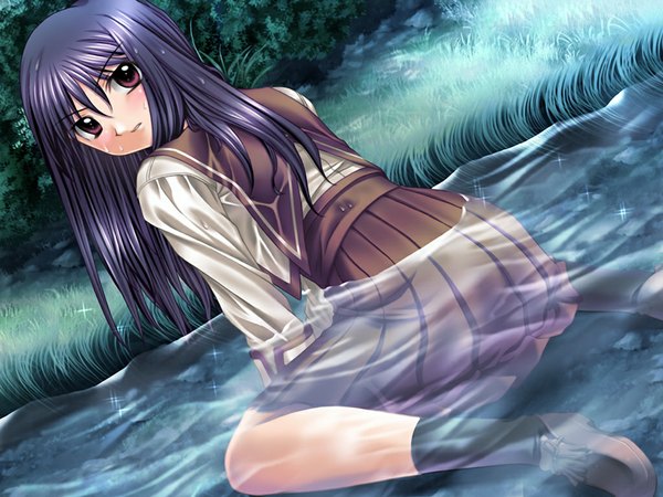 Anime picture 1024x768 with harem days (game) long hair black hair red eyes game cg girl serafuku