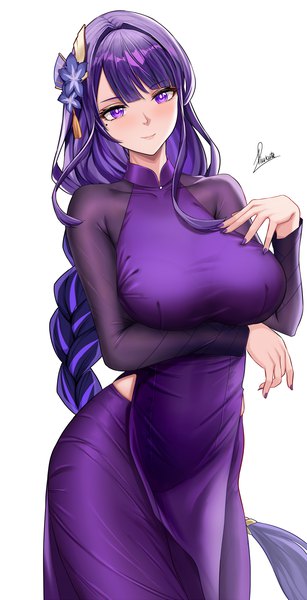 Anime picture 1023x2000 with genshin impact raiden shogun piukute062 single long hair tall image looking at viewer blush fringe breasts simple background smile large breasts standing purple eyes signed purple hair blunt bangs braid (braids) long sleeves
