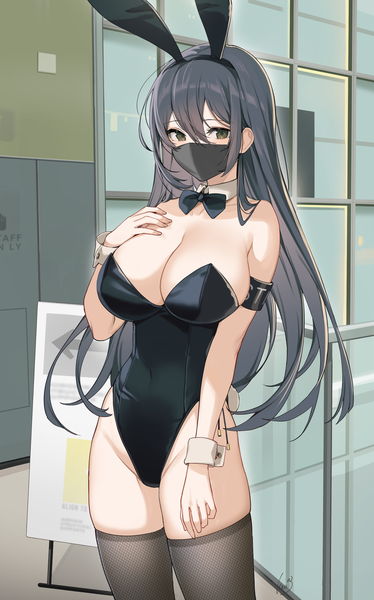 Anime picture 2497x4009 with original ikomochi single long hair tall image looking at viewer blush fringe highres breasts light erotic black hair hair between eyes large breasts standing green eyes signed animal ears cleavage indoors