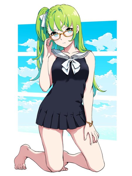 Anime picture 750x1000 with original ume (yume uta da) single long hair tall image looking at viewer blush fringe blue eyes white background bare shoulders sky cloud (clouds) full body bent knee (knees) head tilt barefoot green hair bare legs one side up