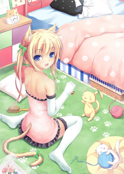 Anime picture 800x1119 with original tiphereth long hair tall image blush open mouth blue eyes blonde hair sitting bare shoulders animal ears tail animal tail cat ears cat girl cat tail girl thighhighs gloves animal