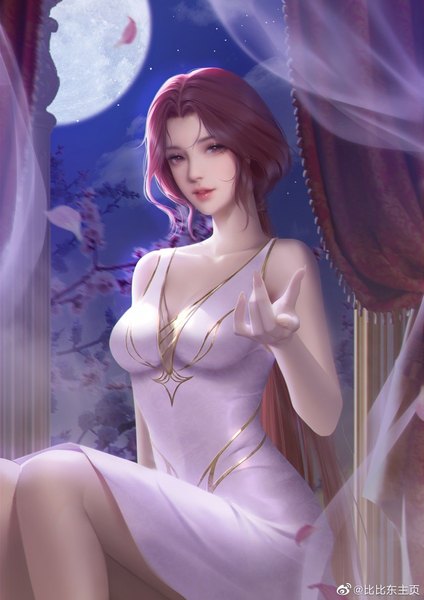 Anime-Bild 1080x1528 mit douluo continent bibi dong (douluo dalu) bibi dong zhuye single long hair tall image looking at viewer breasts smile brown hair sitting bare shoulders brown eyes signed payot cloud (clouds) bent knee (knees) realistic night night sky
