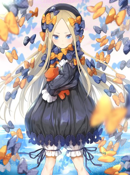 Anime picture 706x949 with fate (series) fate/grand order abigail williams (fate) tyone single long hair tall image looking at viewer blush fringe blue eyes simple background blonde hair standing holding signed payot twitter username hands in sleeves girl