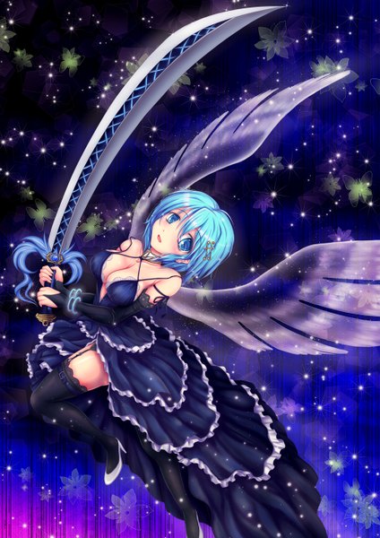 Anime picture 1000x1414 with mahou shoujo madoka magica shaft (studio) miki sayaka kishimen single tall image short hair breasts blue eyes light erotic bare shoulders blue hair cleavage high heels cosplay girl thighhighs hair ornament weapon black thighhighs