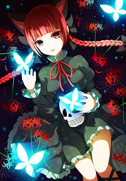 Anime picture 700x1000 with touhou kaenbyou rin soraneko93 single long hair tall image red eyes animal ears red hair braid (braids) cat ears cat girl extra ears girl dress flower (flowers) bow hair bow insect butterfly