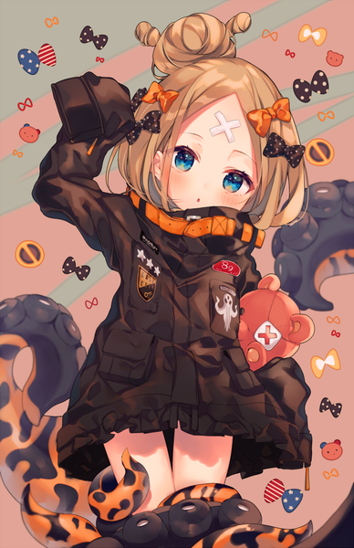 Anime picture 660x1020 with fate (series) fate/grand order abigail williams (fate) ana (rznuscrf) single long hair tall image looking at viewer blush open mouth blue eyes blonde hair simple background standing holding head tilt arm up :o hair bun (hair buns) thigh gap