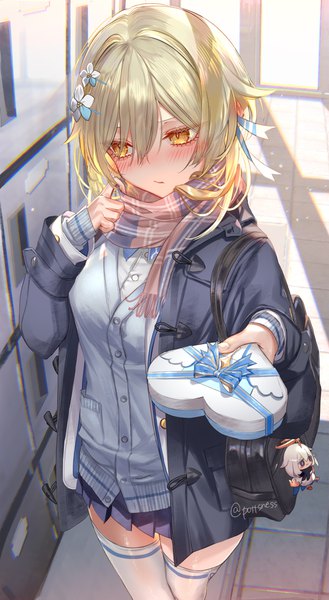 Anime picture 4200x7670 with genshin impact lumine (genshin impact) paimon (genshin impact) pottsness single tall image looking at viewer blush fringe highres short hair blonde hair hair between eyes standing holding signed payot looking away absurdres indoors