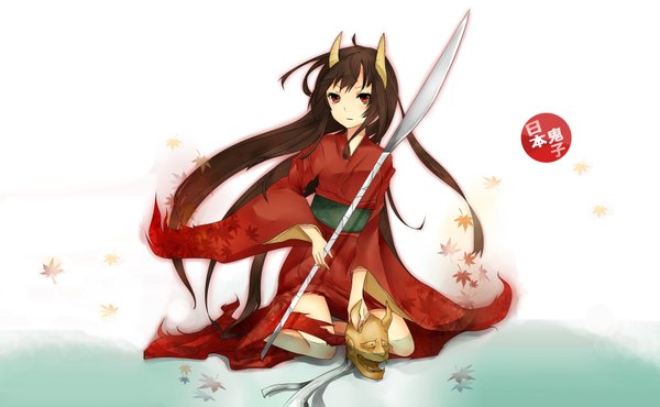 Anime picture 1772x1095 with original gmanee single long hair highres red eyes brown hair wide image sitting japanese clothes horn (horns) torn clothes oni horns girl weapon leaf (leaves) mask
