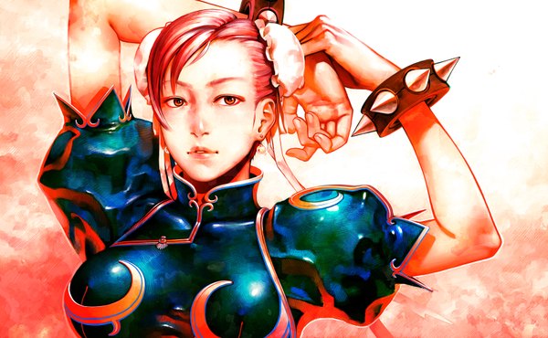 Anime picture 1618x1000 with street fighter chun-li iwai ryo single breasts simple background wide image large breasts pink hair lips realistic orange eyes stretch girl bracelet bun cover spiked bracelet