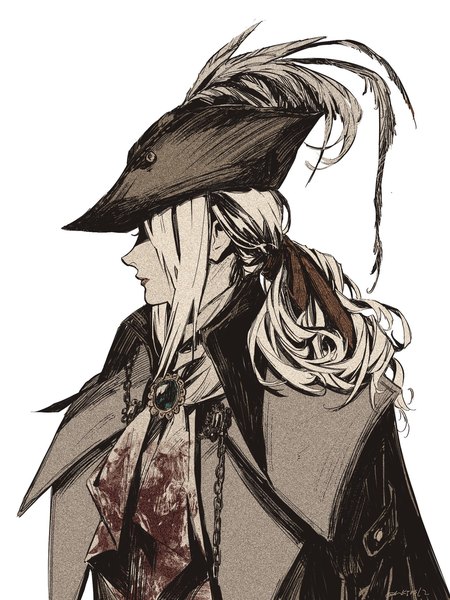 Anime picture 1536x2048 with bloodborne from software lady maria of the astral clocktower fune (nkjrs12) single long hair tall image simple background white background signed upper body white hair profile bloody clothes girl ribbon (ribbons) hair ribbon hat blood brooch