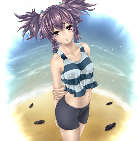 Anime picture 1000x1022 with original kamomen single tall image looking at viewer blush short hair light erotic red eyes twintails bare shoulders grey hair midriff short twintails girl navel sea leggings