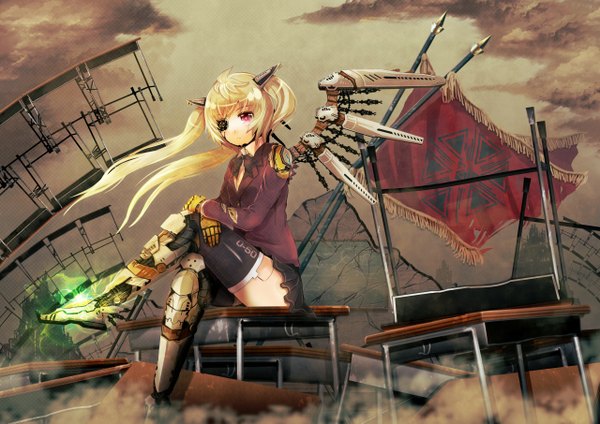 Anime picture 1280x905 with original muruaka san long hair blonde hair red eyes sitting twintails sky crossed legs crossed arms ruins dust mechanical wings girl thighhighs uniform black thighhighs school uniform wings armor