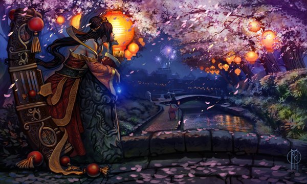 Anime picture 3000x1800 with league of legends sona buvelle jax (league of legends) long hair highres brown hair wide image bare shoulders night cherry blossoms cityscape city lights fireworks girl dress boy hair ornament flower (flowers) weapon plant (plants)