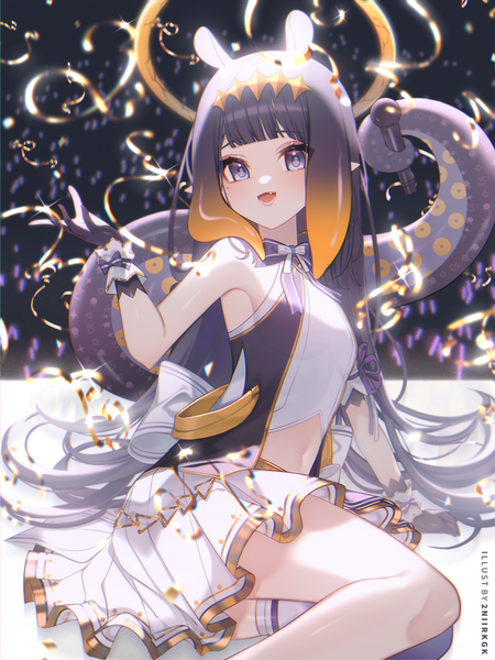 Anime picture 810x1080 with virtual youtuber hololive hololive english ninomae ina'nis 2nii single long hair tall image looking at viewer fringe open mouth blue eyes black hair sitting animal ears blunt bangs :d pointy ears mole arm support