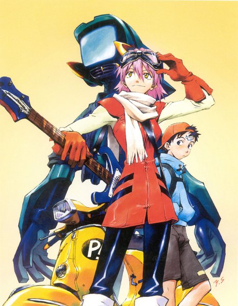 Anime picture 1600x2059 with flcl gainax haruhara haruko nandaba naota canti sadamoto yoshiyuki tall image fringe short hair blue eyes simple background hair between eyes brown hair standing signed yellow eyes pink hair scan official art goggles on head