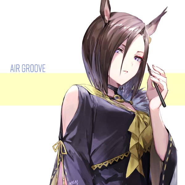 Anime picture 1017x1017 with umamusume air groove (umamusume) irua single looking at viewer fringe short hair blue eyes brown hair bare shoulders holding animal ears upper body hair over one eye character names dated horse ears girl pen