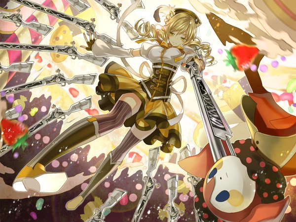 Anime picture 1500x1125 with mahou shoujo madoka magica shaft (studio) tomoe mami charlotte (madoka magica) hoshii hisa single long hair blush blonde hair smile yellow eyes drill hair girl thighhighs dress weapon food fingerless gloves gun fruit