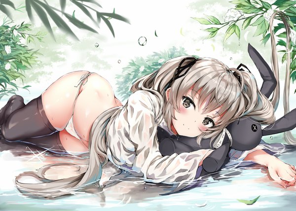 Anime picture 1239x885 with yosuga no sora kasugano sora yukishiro arute single long hair looking at viewer blush fringe light erotic smile twintails payot silver hair ahoge outdoors lying grey eyes partially submerged on side wet clothes