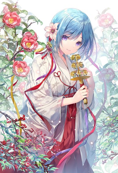 Anime picture 1022x1500 with original emori miku project emori miku miwabe sakura single long hair tall image looking at viewer fringe smile standing purple eyes holding blue hair traditional clothes japanese clothes hair flower wide sleeves snow miko