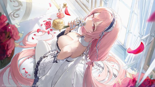 Anime picture 3200x1800 with azur lane perseus (azur lane) freng single looking at viewer blush fringe highres breasts light erotic hair between eyes wide image large breasts sitting holding signed pink hair cleavage bent knee (knees) indoors