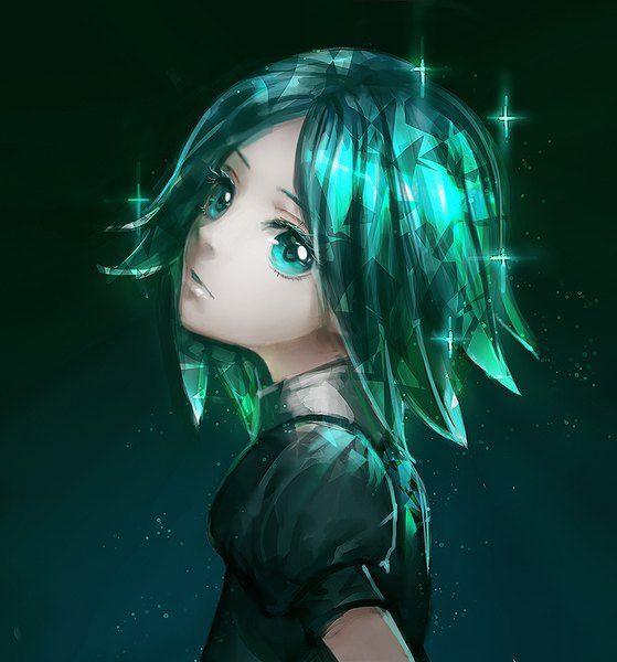 Anime picture 800x859 with houseki no kuni phosphophyllite sasora single tall image looking at viewer short hair simple background upper body looking back aqua eyes aqua hair sparkle black background portrait androgynous